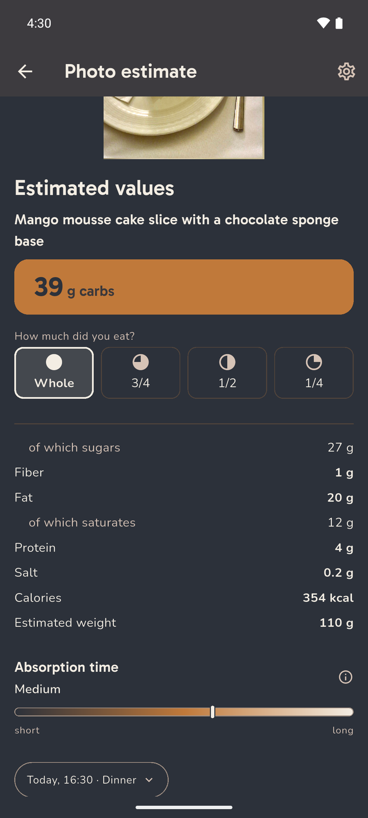 Karbi's result screen for a mango mousse cake slice: 39 g carbohydrate, 354 kcal and the absorption-time row.