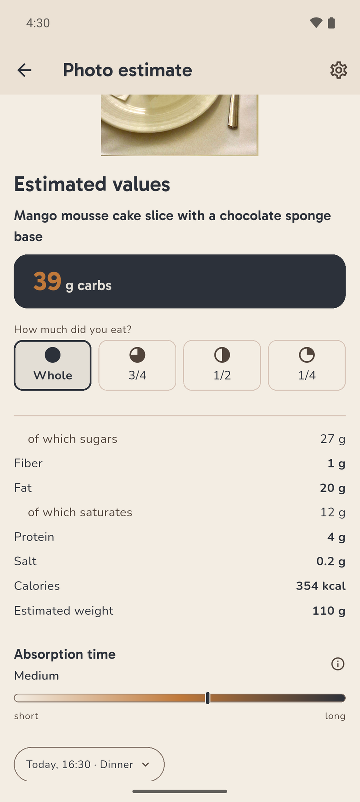 Karbi's result screen for a mango mousse cake slice: 39 g carbohydrate, 354 kcal and the absorption-time row.