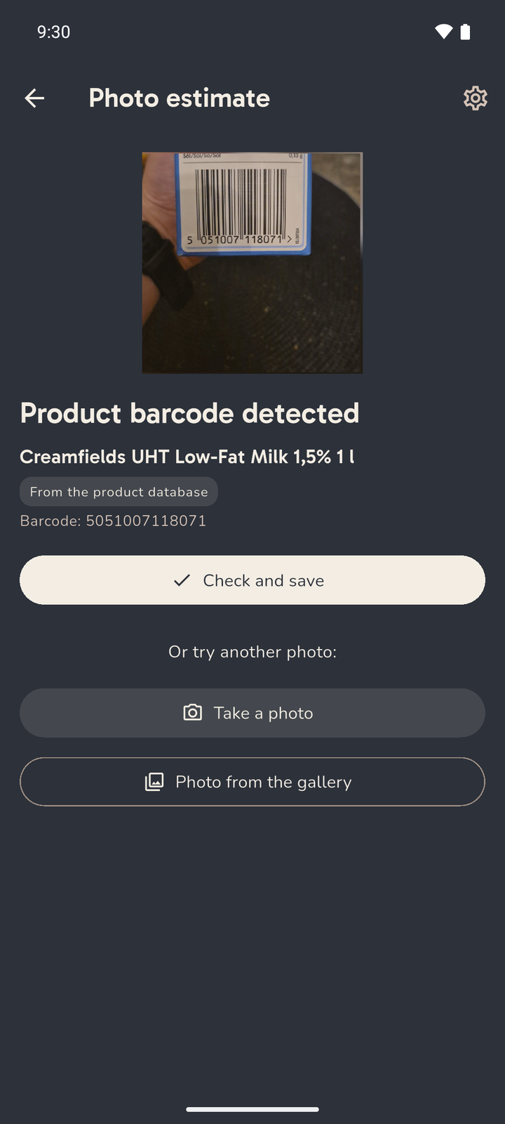 Karbi has recognised a product barcode and shows the product name with the product-database marker.