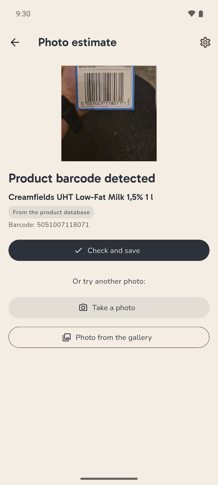 Karbi has recognised a product barcode and shows the product name with the product-database marker.