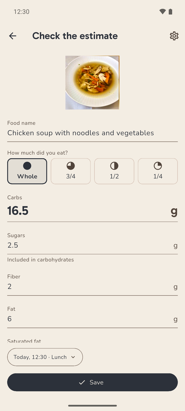 Karbi's check screen for chicken soup with noodles and vegetables: every estimated value can be edited before saving, and you can choose how much of the dish you ate.