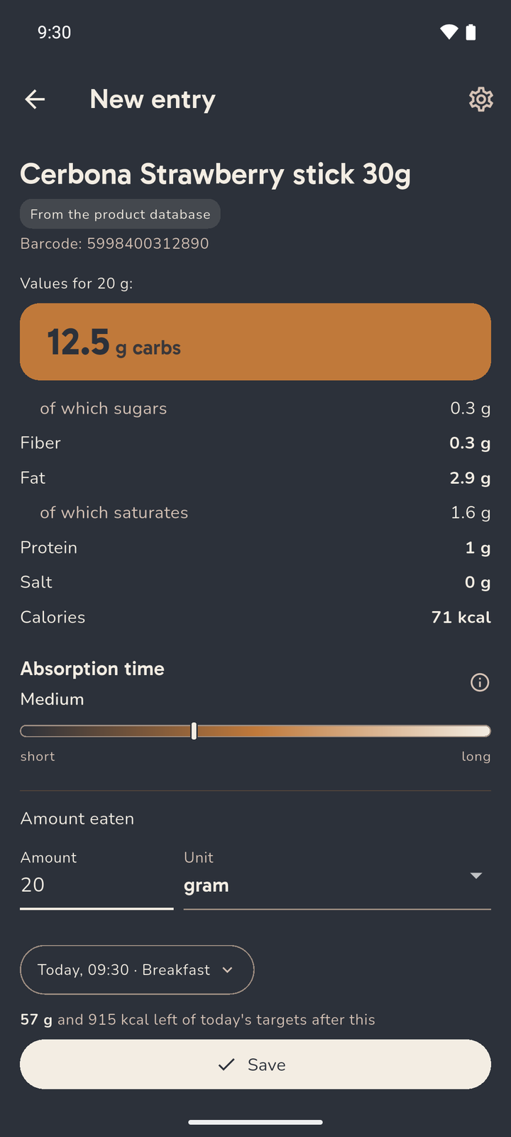 A packaged-product entry: carbohydrate and the other values for the amount entered, with the amount and unit fields below.