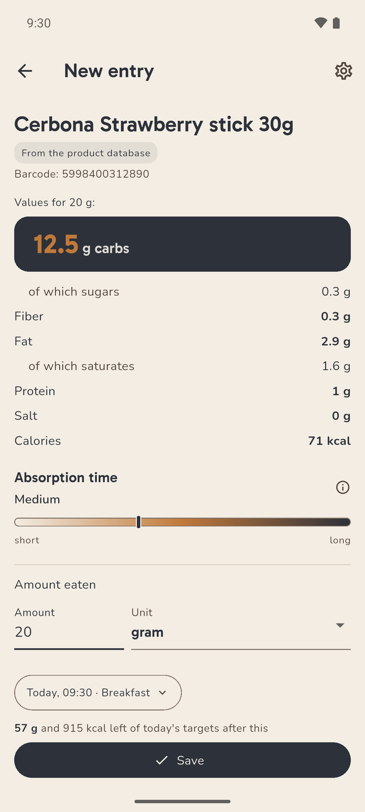 A packaged-product entry: carbohydrate and the other values for the amount entered, with the amount and unit fields below.
