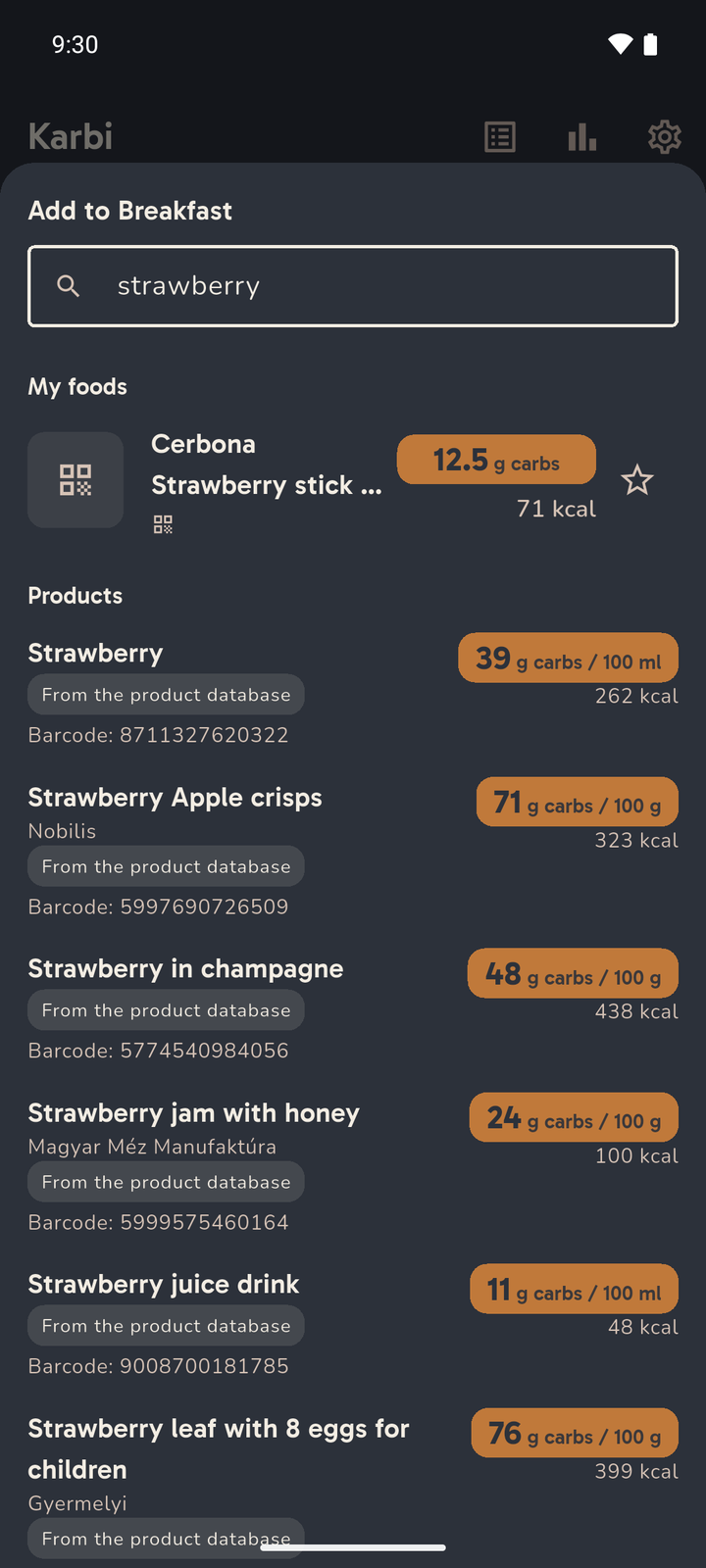 A name search in Karbi: the query "strawberry" returns your own foods first, then the product-database matches, each with the product-database marker, its carbohydrate content per 100 grams and its barcode.