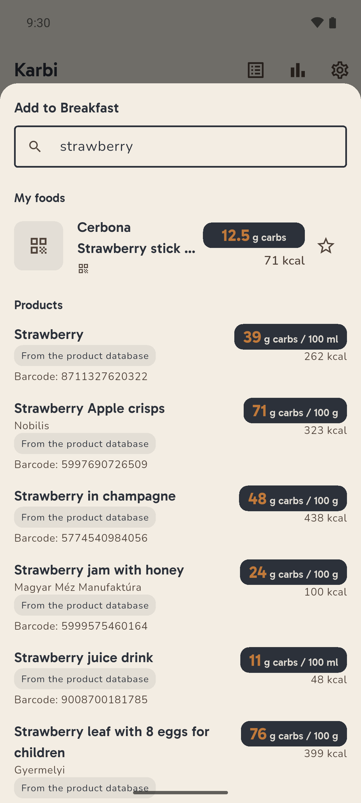 A name search in Karbi: the query "strawberry" returns your own foods first, then the product-database matches, each with the product-database marker, its carbohydrate content per 100 grams and its barcode.
