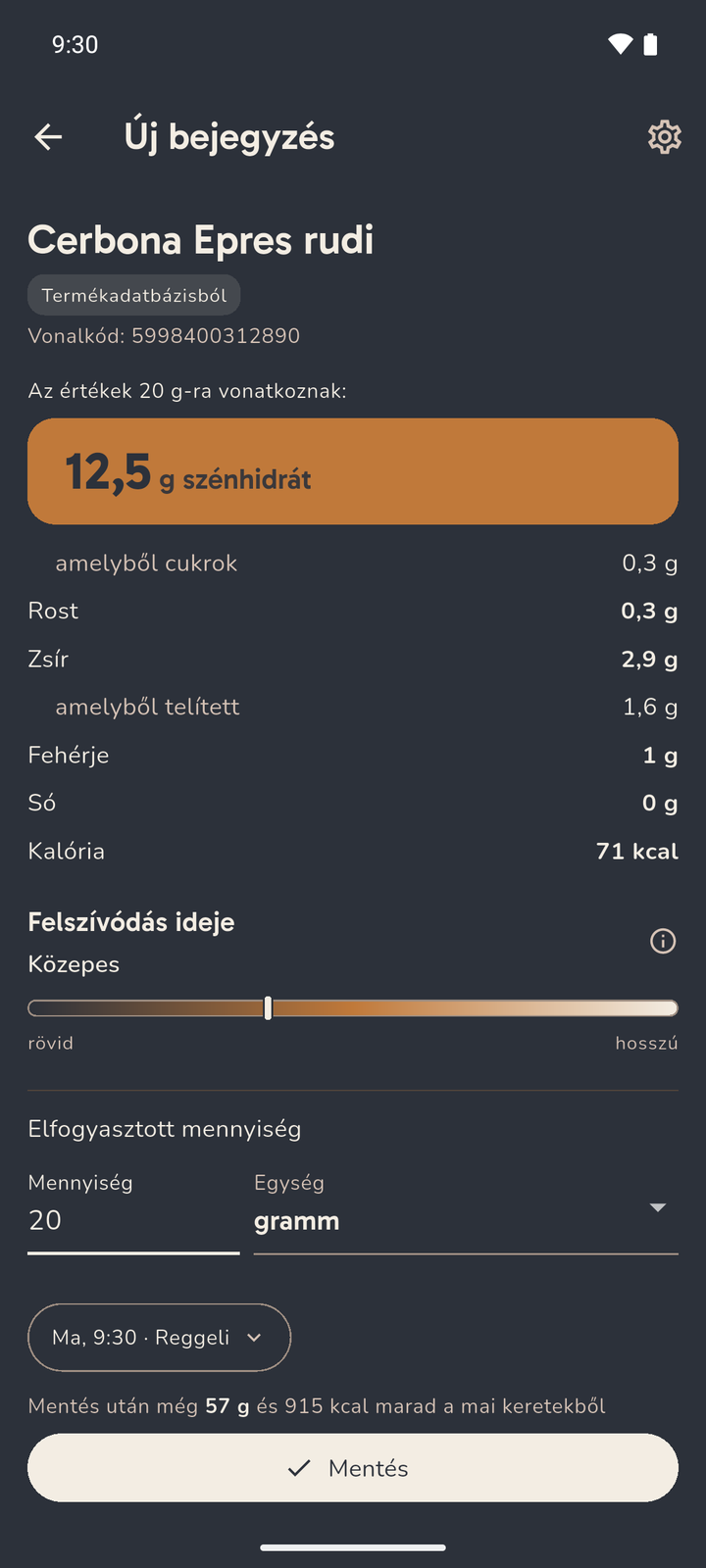 Csomagolt termék bejegyzése: a beírt mennyiségre számolt szénhidrát és a többi tápérték, alatta a mennyiség és a mértékegység mezője.