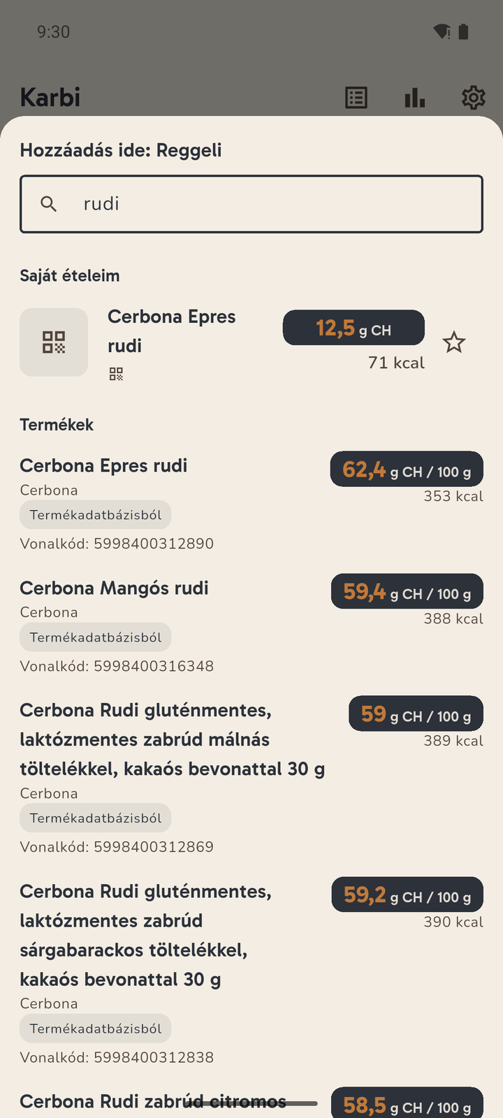 Névre keresés a Karbiban: a „rudi” szóra a saját ételek után a termékadatbázis találatai következnek, mindegyiknél a termékadatbázis jelölése, a 100 grammra vonatkozó szénhidrátérték és a vonalkód.